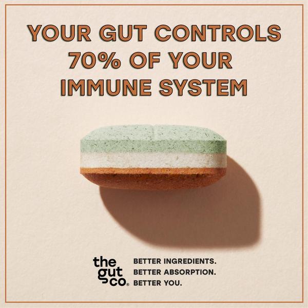 A clean, minimalist 1:1 image featuring a tri-colored supplement tablet centered against a neutral background, highlighting the link between gut health and immunity.